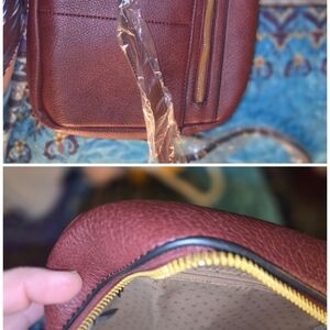 Compact Burgundy Pebbled Crossbody Bag with Gold Zipper Accents